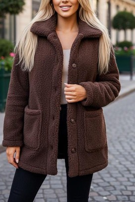 cardigan plușat de damă cu guler și buzunare accent MONTANZA BROWN
