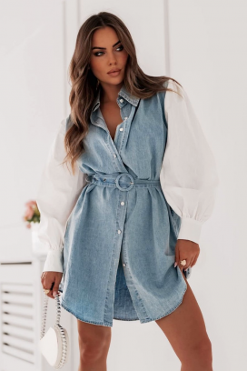 Rochie din denim cu mâneci albe spectaculoase si curea GAVERSA