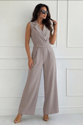 salopetă elegantă cu guler cu rever și nasturi aurii SELESTE MOCHA