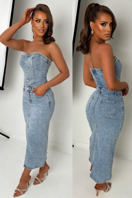 rochie midi elegantă din denim, cu detalii cu perle și umeri goi KAITHLYN