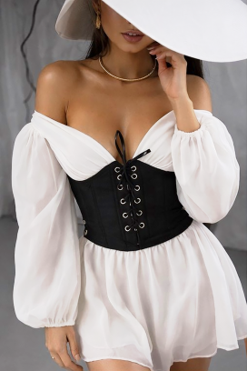 rochie scurtă cu corset, umeri descoperiți și mâneci vaporoase SOLZIRA