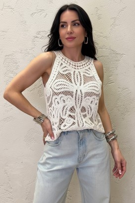 top ajurat fără mâneci, cu un model floral în stil boho VAMZERA ECRU
