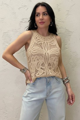 top ajurat fără mâneci, cu un model floral în stil boho VAMZERA BEIGE