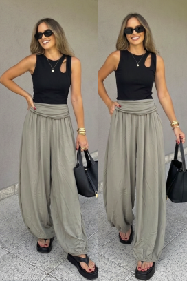 pantaloni de damă cu croială lejeră și mansete elastice KELVIRA KHAKI