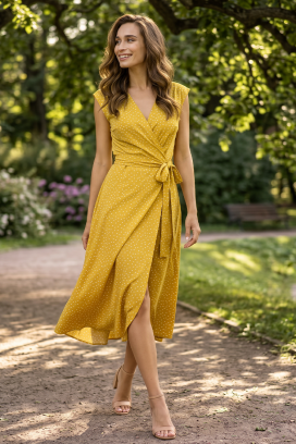 rochie vaporoasă din dantelă cu buline, model „hug me” HOLYANA YELLOW