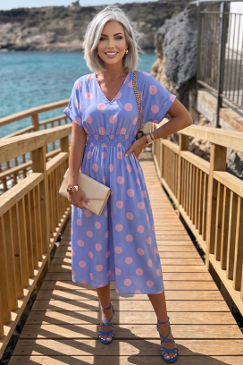 rochie elegantă cu buline mari și talie accentuată ESMERIZA BLUE