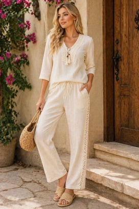 set de damă din in, format din pantaloni și bluză, în stil boho LENIA