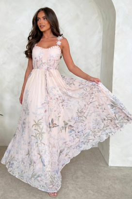 rochie lungă și elegantă, cu floral print și bretele decorative KATLINA
