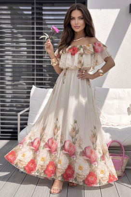 rochie lungă cu umeri decupați și floral print FLOVERZA ECRU