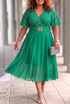 rochie midi elegantă , cu dantelă și curea decorativă ZEZITA GREEN