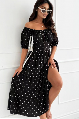 rochie vaporoasă din dantelă model cu buline fine și umeri descoperiți MARSYLIA BLACK