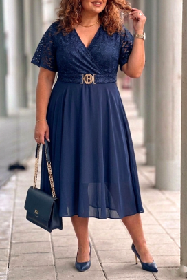 rochie midi elegantă , cu dantelă și curea decorativă ZEZITA NAVY