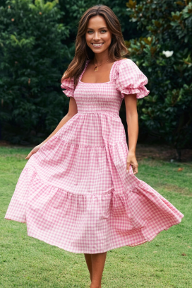 rochie midi de vară în carouri, cu mâneci bufante CARENA PINK