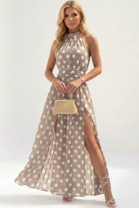 rochie lungă, vaporoasă, cu buline și decolteu american TENESIANA BEIGE
