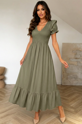 rochie lungă, vaporoasă, cu mâneci bufante și volan BOFINA KHAKI