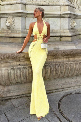 rochie lungă de plajă din tricot, cu detalii decupate KRESTINA YELLOW