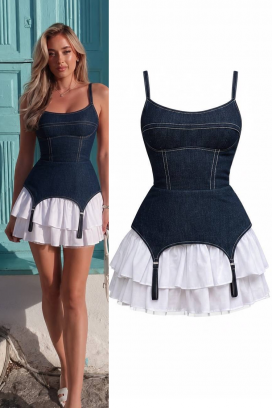 rochie scurtă din denim cu efect de corset, fustă în straturi și elemente de jartiere ARIETA