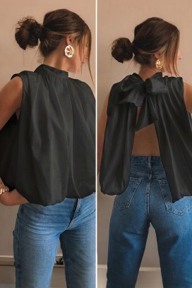 top elegant pentru femei, cu spatele decupat și o panglică cochetă NERINITA BLACK