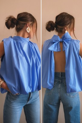 top elegant pentru femei, cu spatele decupat și o panglică cochetă NERINITA BLUE