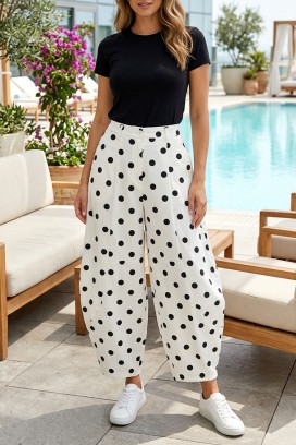pantaloni largi pentru femei, cu imprimeu spectaculos cu buline GRESIELITA WHITE