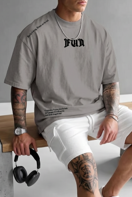 tricou pentru bărbați cu inscripții decorative și croială lejeră MORTIK GREY