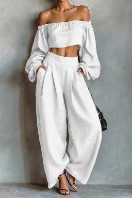 set de damă din in format dintr-un top cu umeri căzuți și pantaloni largi JEZABEL WHITE
