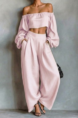 set de damă din in format dintr-un top cu umeri căzuți și pantaloni largi JEZABEL PINK