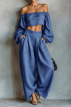 set de damă din in format dintr-un top cu umeri căzuți și pantaloni largi JEZABEL BLUE