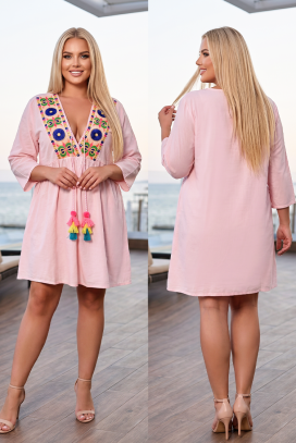 rochie boho tip tunică cu broderie etno și ciucuri colorați FIORAVELA PUDRA