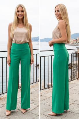 pantaloni lungi eleganți pentru femei, cu talie înaltă și picioare largi ELEMINTA GREEN