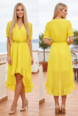rochie midi asimetrică cu decolteu petrecut, curea și volan SOLIVERA YELLOW