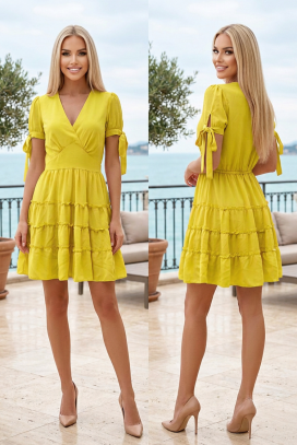 rochie scurtă cu decolteu petrecut, legături pe mâneci și volane SOLENARA YELLOW