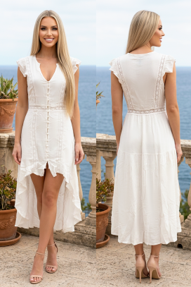 rochie asimetrică cu detalii din dantelă, volane și nasturi LORAVENA WHITE