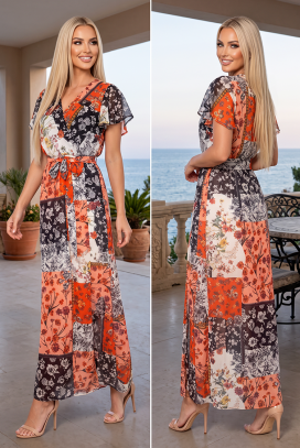rochie lungă impresionantă cu imprimeu patchwork floral bogat și mâneci scurte romantice FIORISCA ORANGE