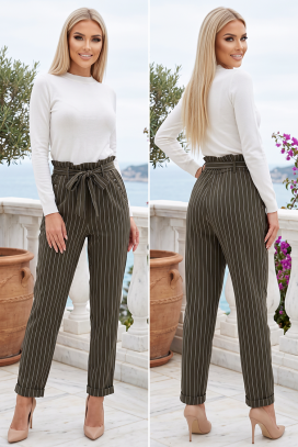 pantaloni în dungi cu curea și talie înaltă RYZANA KHAKI