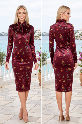 rochie midi cambrată, aristocratică, cu motive florale fine și guler înalt spectaculos cu fundă ORSELITA BORDO