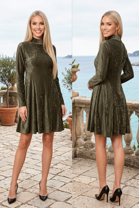 Rochie scurtă plisată cu guler înalt și croială evazată EVALIA GREEN