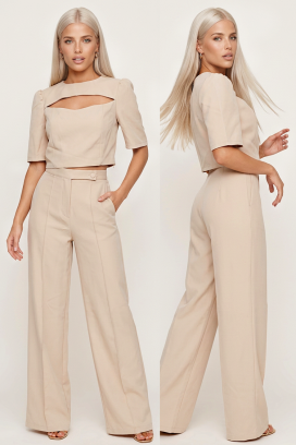 Set pentru femei cu top scurt cu detaliu decupat spectaculos și pantaloni largi cu talie înaltă DANESIA BEIGE