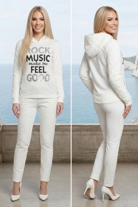 Set casual de damă cu inscripție decorativă și pantaloni cu model reliefat MELVORSA WHITE