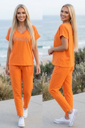 set damă cu bluză cu decolteu în V cu dantelă și pantaloni SOLARENIA ORANGE