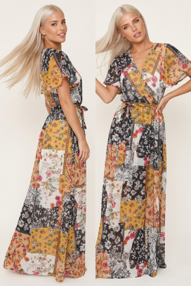 rochie lungă impresionantă cu imprimeu floral patchwork bogat și mâneci scurte romantice FIORISCA YELLOW