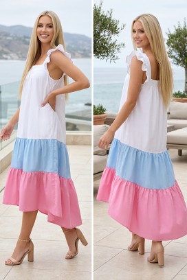 rochie midi asimetrică, lejeră, cu volane pe umeri GENESIANA PINK