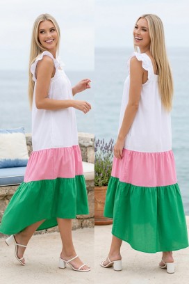 rochie midi asimetrică, lejeră, cu volane decorative pe umeri GENESIANA GREEN