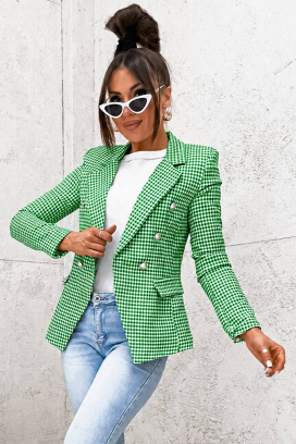 sacou damă elegant, cambrat, cu închidere dublu rând, model fin în carouri și rever clasic BELAVENZA GREEN