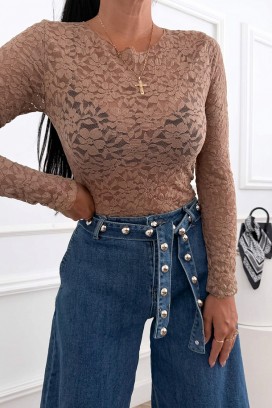 bluză damă din dantelă cu mâneci lungi și imprimeu floral VARINIA MOCHA