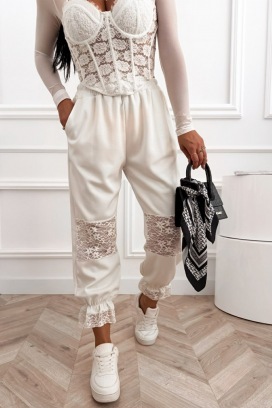 pantaloni boho romantici de damă cu accente delicate din dantelă și siluetă confortabilă VESPERIA WHITE