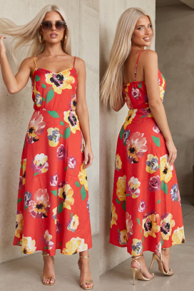 rochie midi cu bretele subțiri și imprimeu floral CARMENZA RED