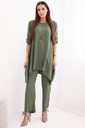 set damă din două piese cu tunică asimetrică și pantaloni largi GERASINA KHAKI