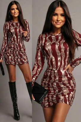 Women' S Long-sleeved, Crew Neck, Ruched Patterned Short Modal Dress Bordo