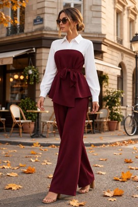 set damă din două piese cu tunică-cămașă asimetrică cu curea și pantaloni cu crac larg KOLFINA BORDO